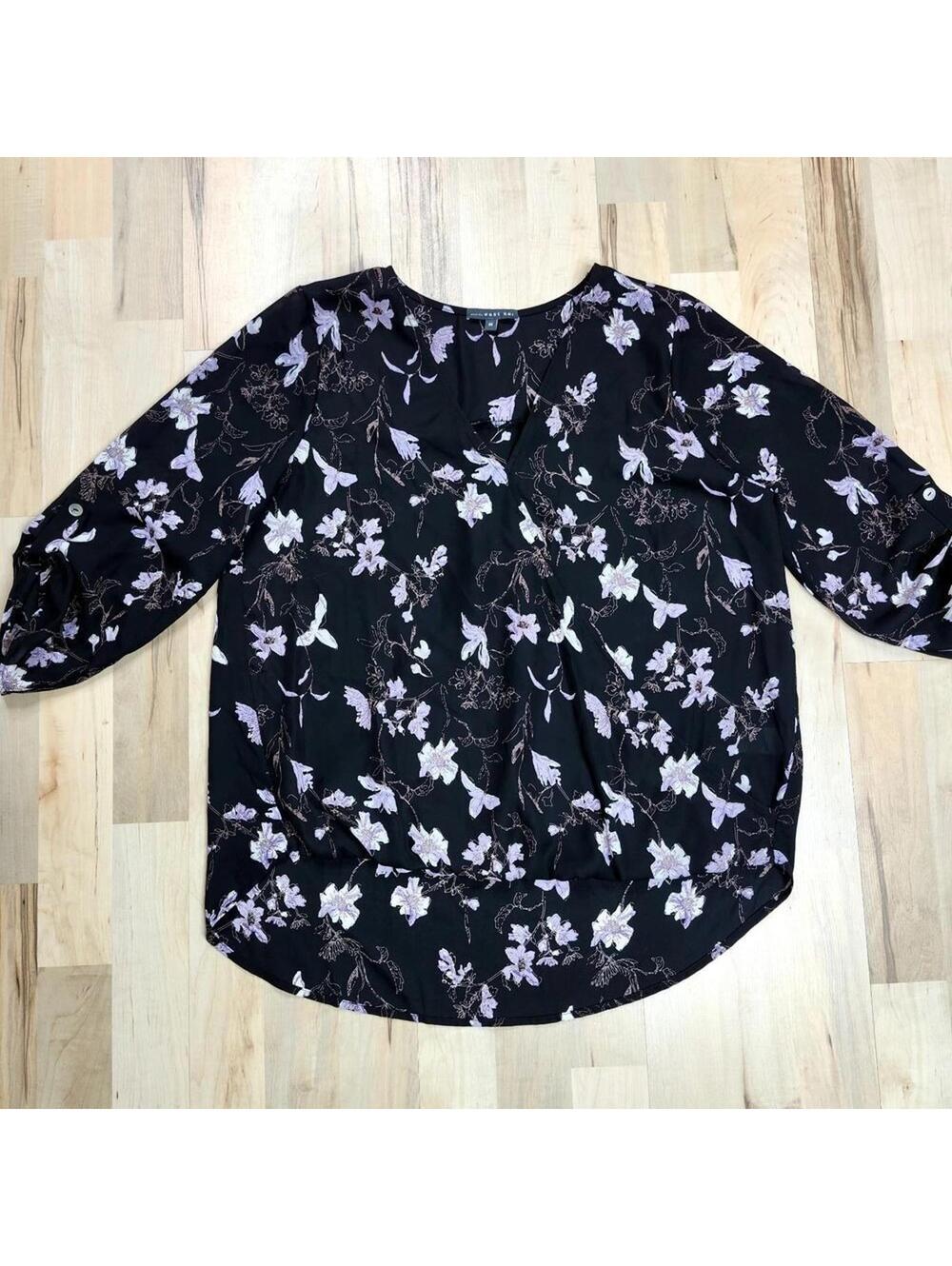 West Kei Black Floral Print Long Sleeve Blouse Black Purple Medium